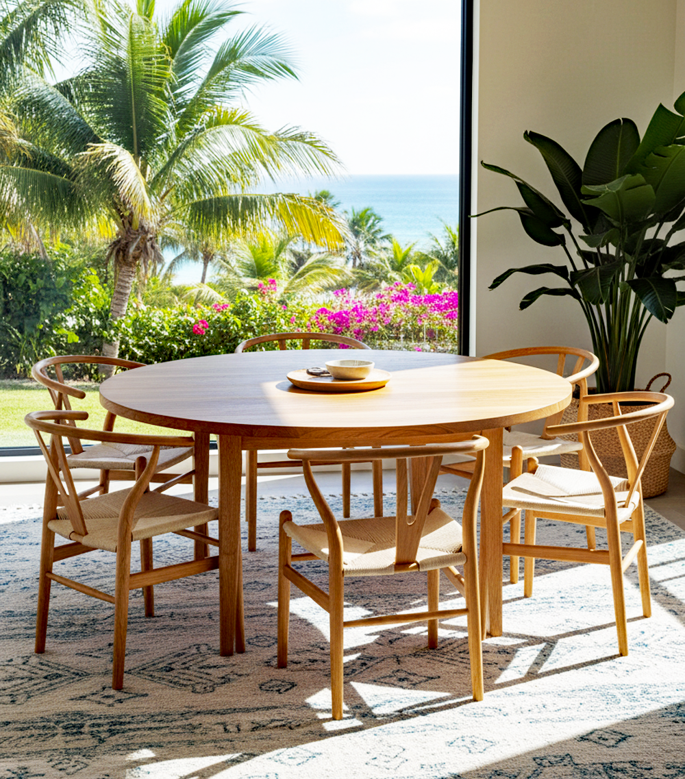 Wicker Fair Set of 6 Wishbone Dining Chairs made of Elm Wood and Cane
