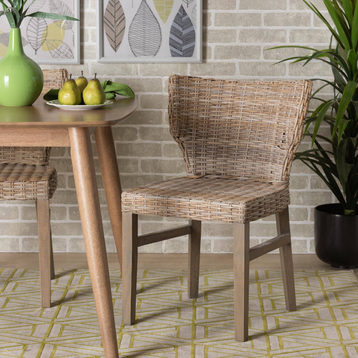 Enver Modern Wicker Fair Grey Rattan and Brown Wood Dining Chair