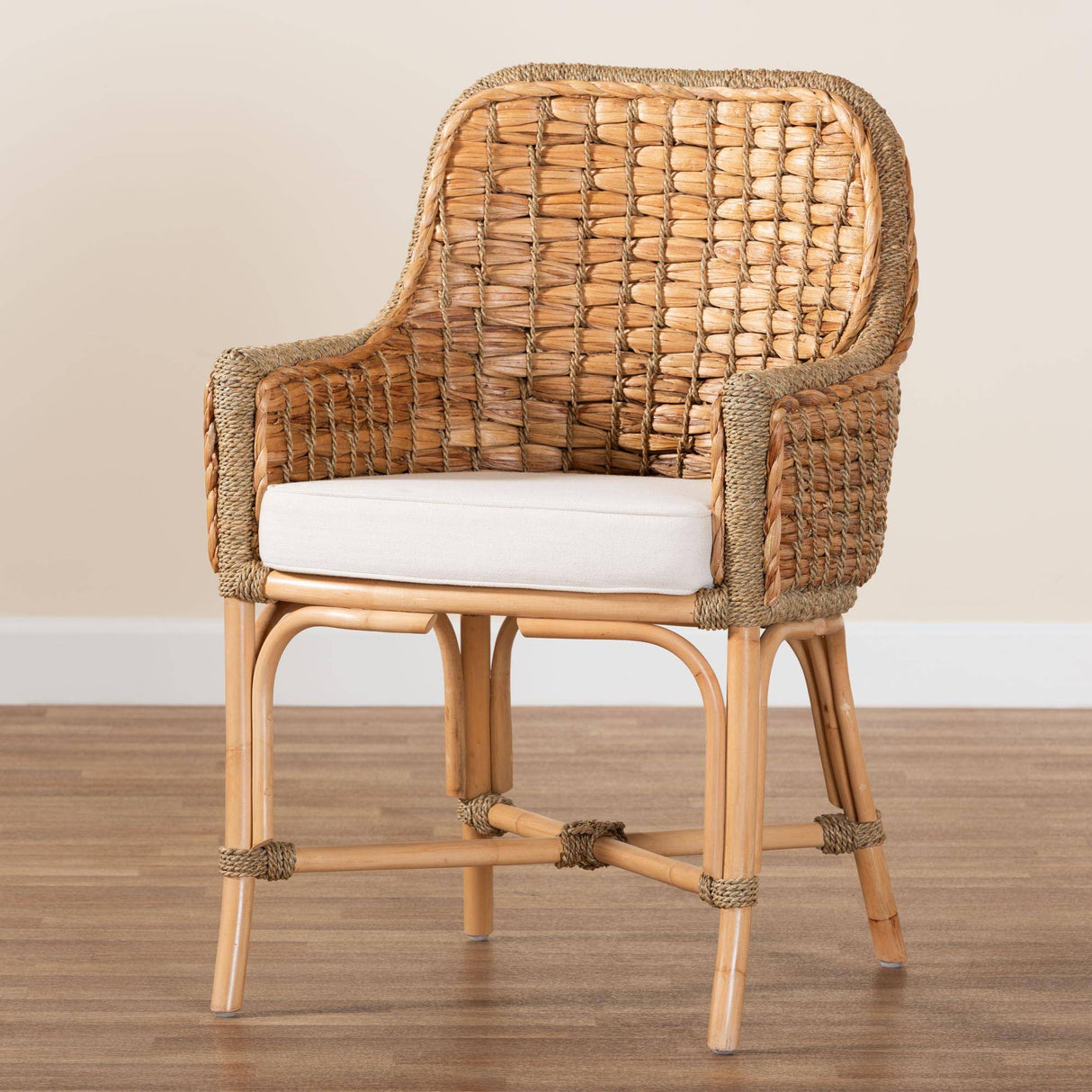 Kyle Modern Wicker Fair Natural Brown Woven Rattan Dining Arm Chair with Cushion