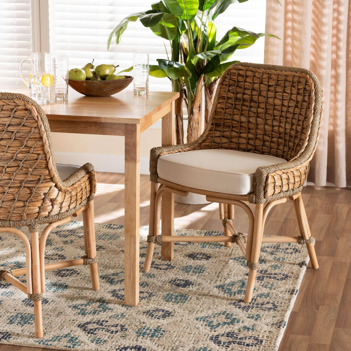 Kyle Modern Wicker Fair Natural Brown Woven Rattan Dining Side Chair With Cushion