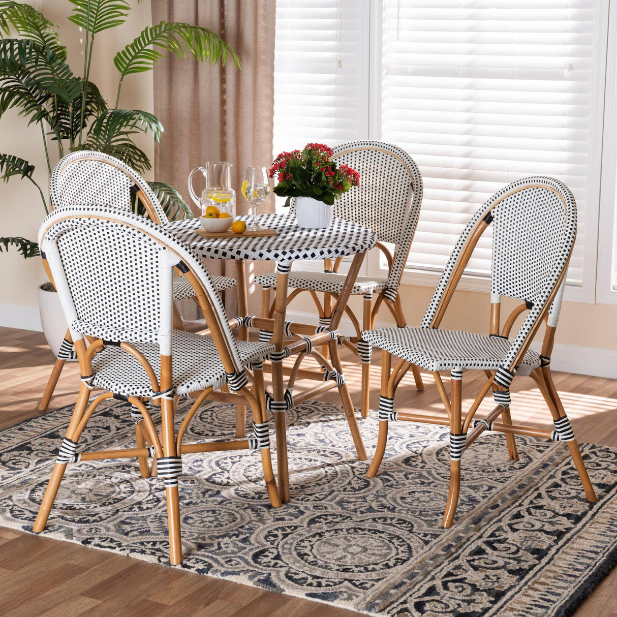 Genica Classic French Black and White Weaving and Natural Brown Rattan 5-Piece Indoor and Outdoor Bistro Set