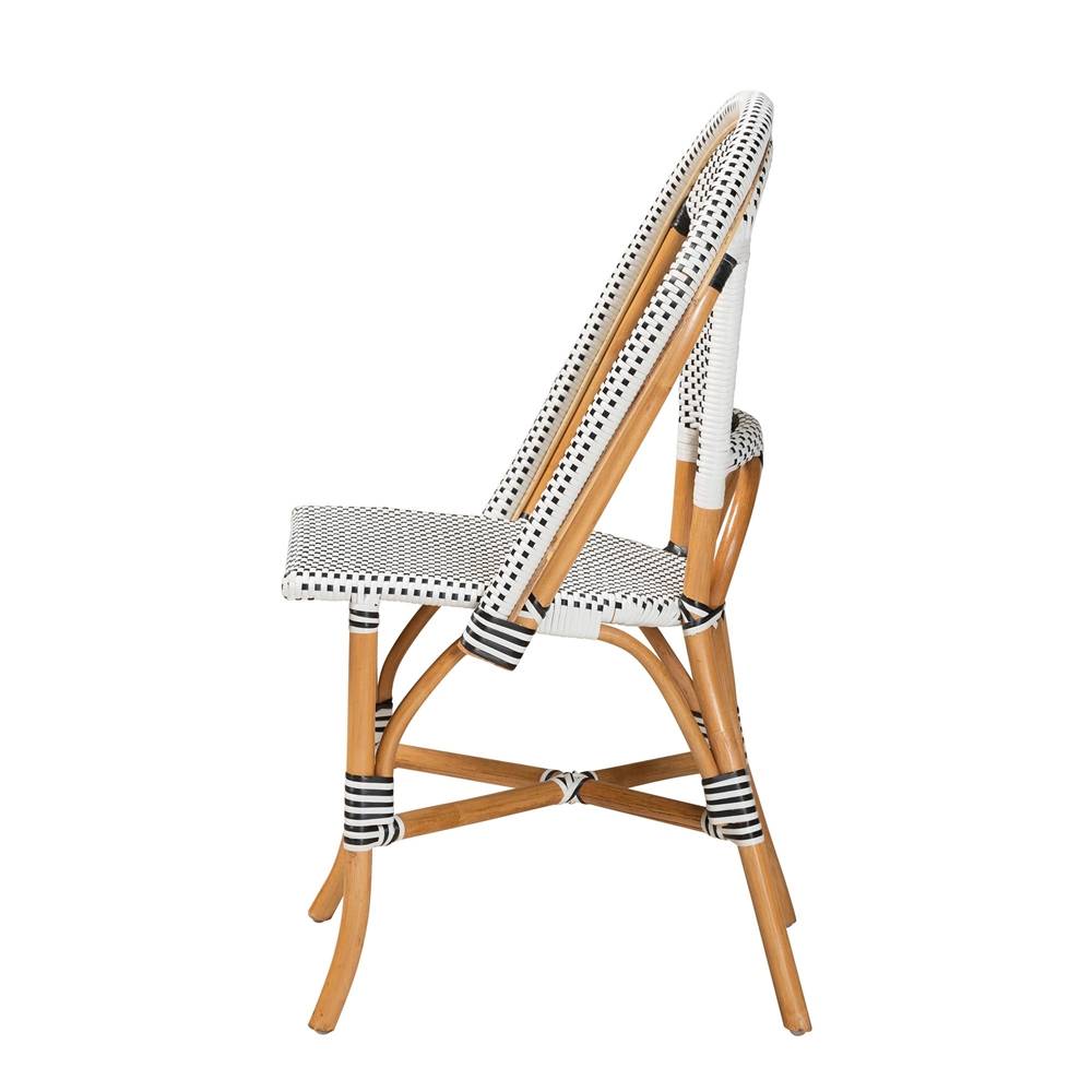Genica Classic French Black and White Weaving and Natural Brown Rattan Indoor and Outdoor Bistro Chair
