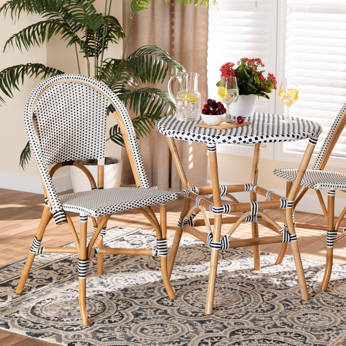 Genica Classic French Black and White Weaving and Natural Brown Rattan Indoor and Outdoor Bistro Chair