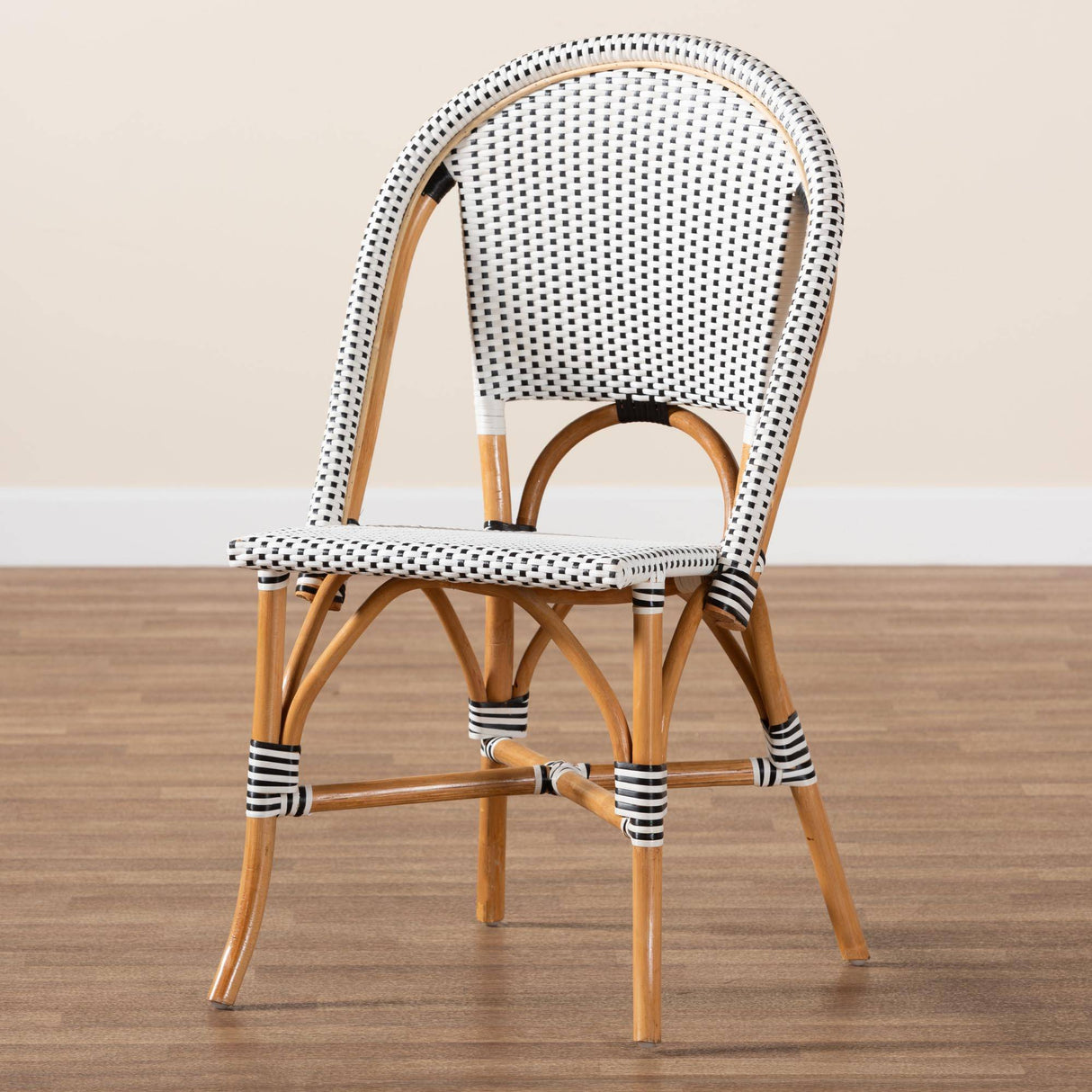 Genica Classic French Black and White Weaving and Natural Brown Rattan Indoor and Outdoor Bistro Chair