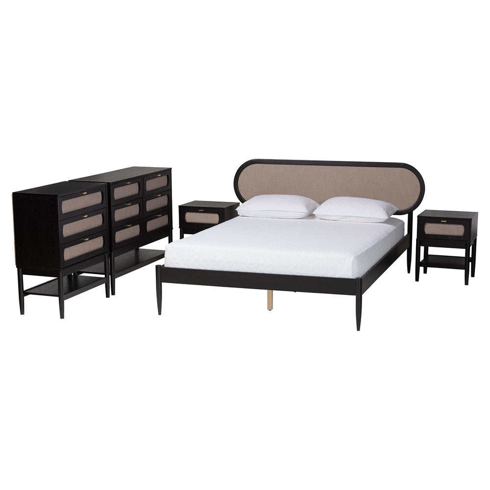 Shirin Mid-Century Beige Fabric and Black Wood Queen 5-Piece Bedroom Set