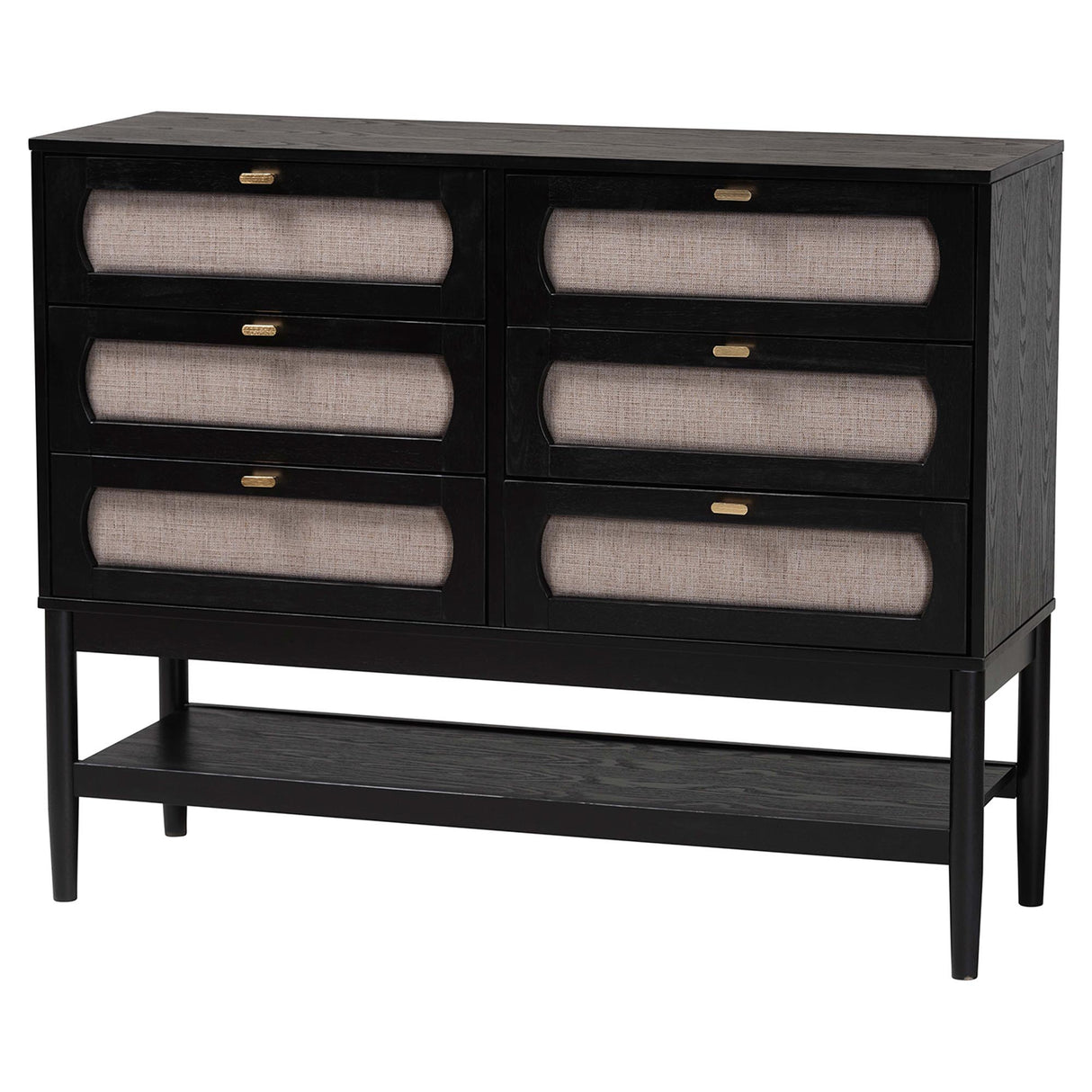 Shirin Mid-Century Beige Fabric and Black Wood Queen 5-Piece Bedroom Set