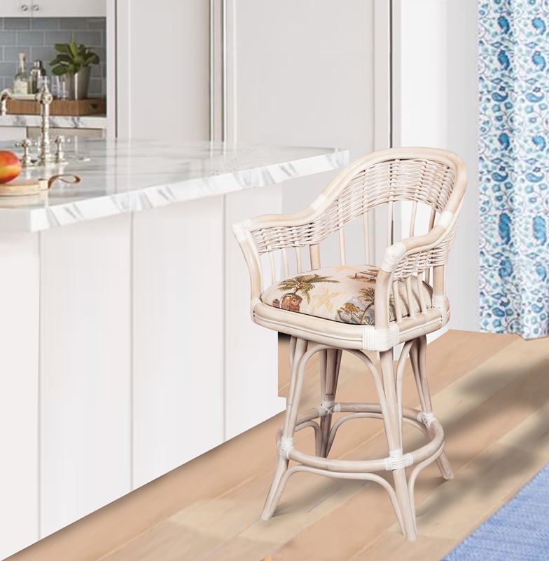 Bridgeport Rattan Swivel Barstool or Counterstool in Washed Linen Finish