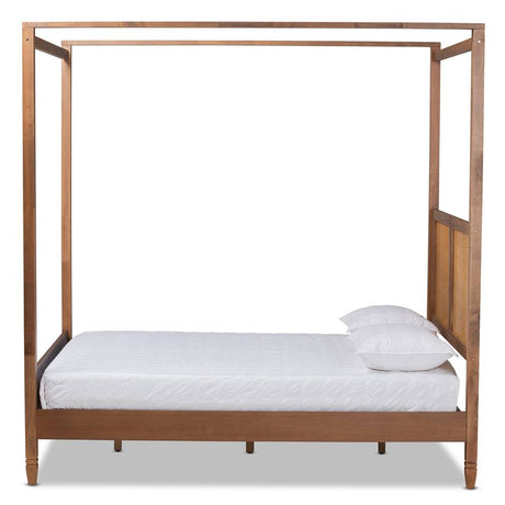 Malia Modern and Contemporary Walnut Brown Finished Wood and Synthetic Rattan Queen Size Canopy Bed