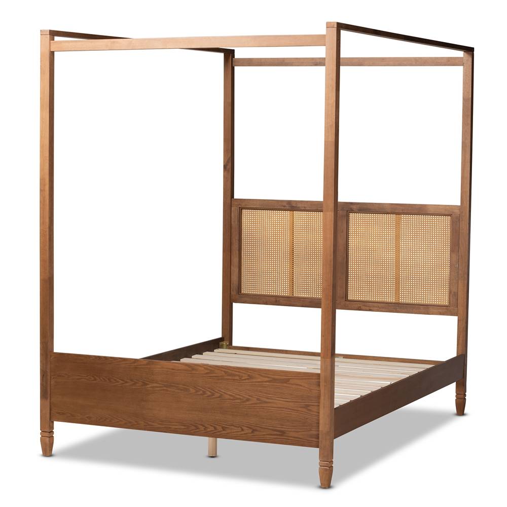 Malia Modern and Contemporary Walnut Brown Finished Wood and Synthetic Rattan Queen Size Canopy Bed