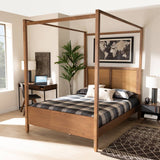 Malia Modern and Contemporary Walnut Brown Finished Wood and Synthetic Rattan Queen Size Canopy Bed