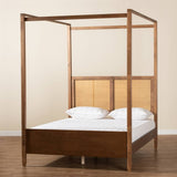 Malia Modern and Contemporary Walnut Brown Finished Wood and Synthetic Rattan Queen Size Canopy Bed