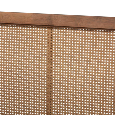 Redmond Mid-Century Modern Walnut Brown Finished Wood and Synthetic Rattan Queen Size Platform Bed