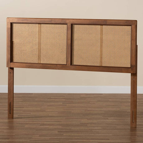 Gilbert Mid-Century Modern Ash Walnut Finished Wood and Synthetic Rattan King Size Headboard