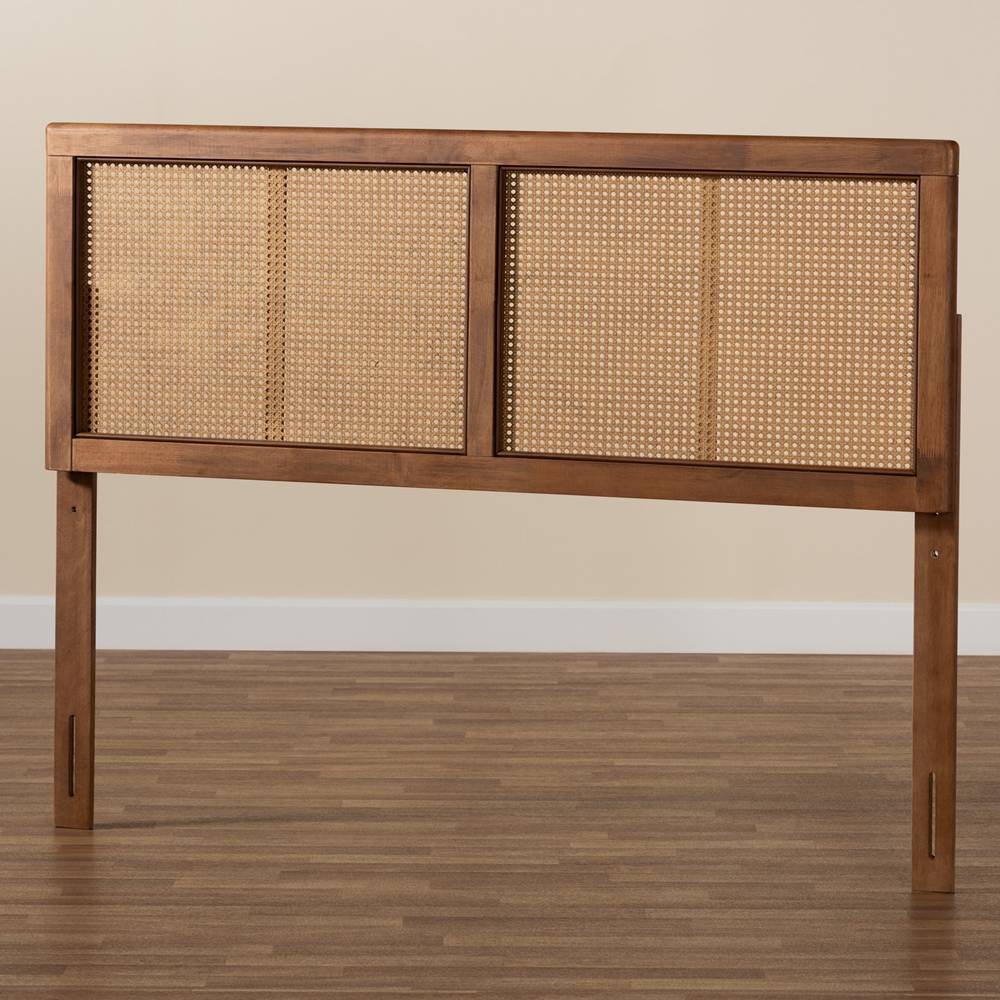 Gilbert Mid-Century Modern Ash Walnut Finished Wood and Synthetic Rattan Queen Size Headboard