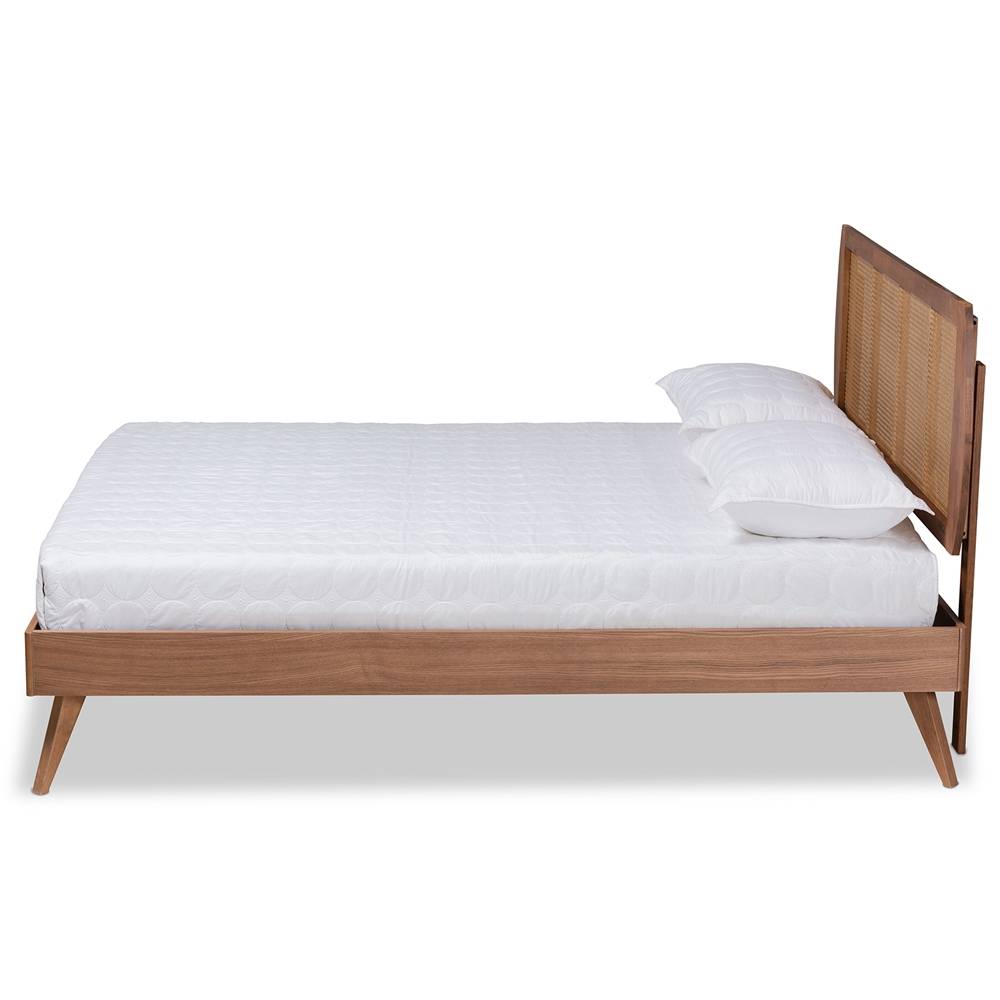 Asami Mid-Century Modern Walnut Brown Finished Wood and Synthetic Rattan Queen Size Platform Bed