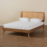Asami Mid-Century Modern Walnut Brown Finished Wood and Synthetic Rattan Queen Size Platform Bed