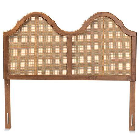Hazel Vintage Classic and Traditional Ash Walnut Finished Wood and Synthetic Rattan Full Size Arched Headboard