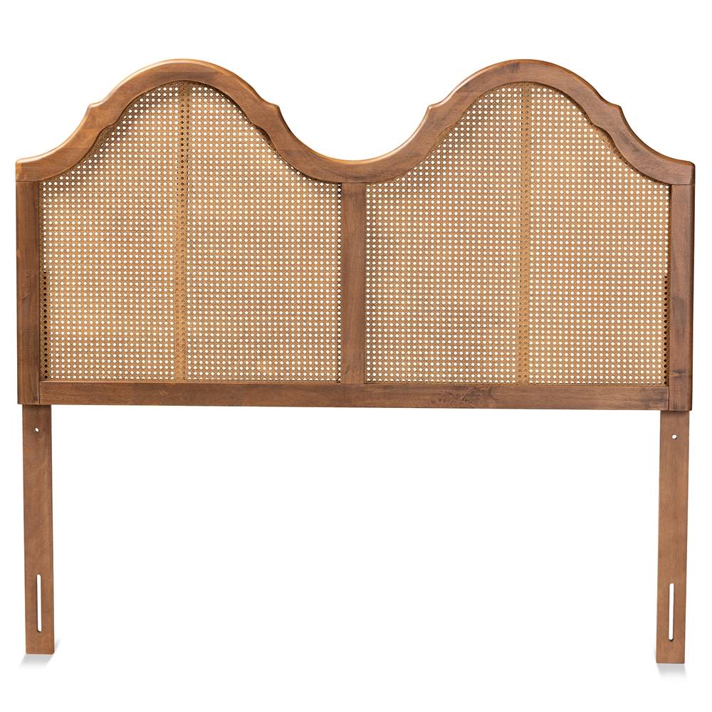 Hazel Vintage Classic and Traditional Ash Walnut Finished Wood and Synthetic Rattan King Size Arched Headboard