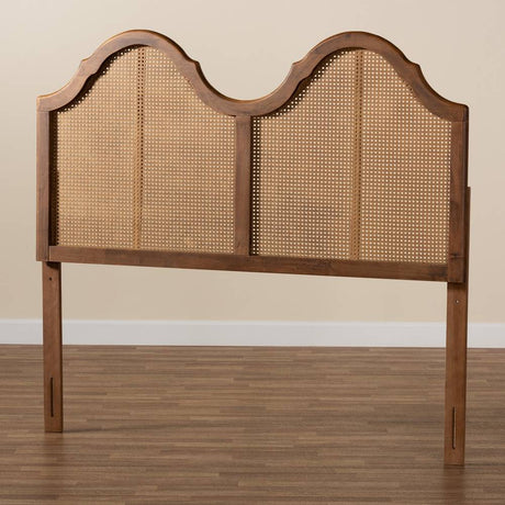 Hazel Vintage Classic and Traditional Ash Walnut Finished Wood and Synthetic Rattan Full Size Arched Headboard