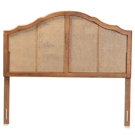 Iris Vintage Classic and Traditional Ash Walnut Finished Wood and Synthetic Rattan King Size Arched Headboard