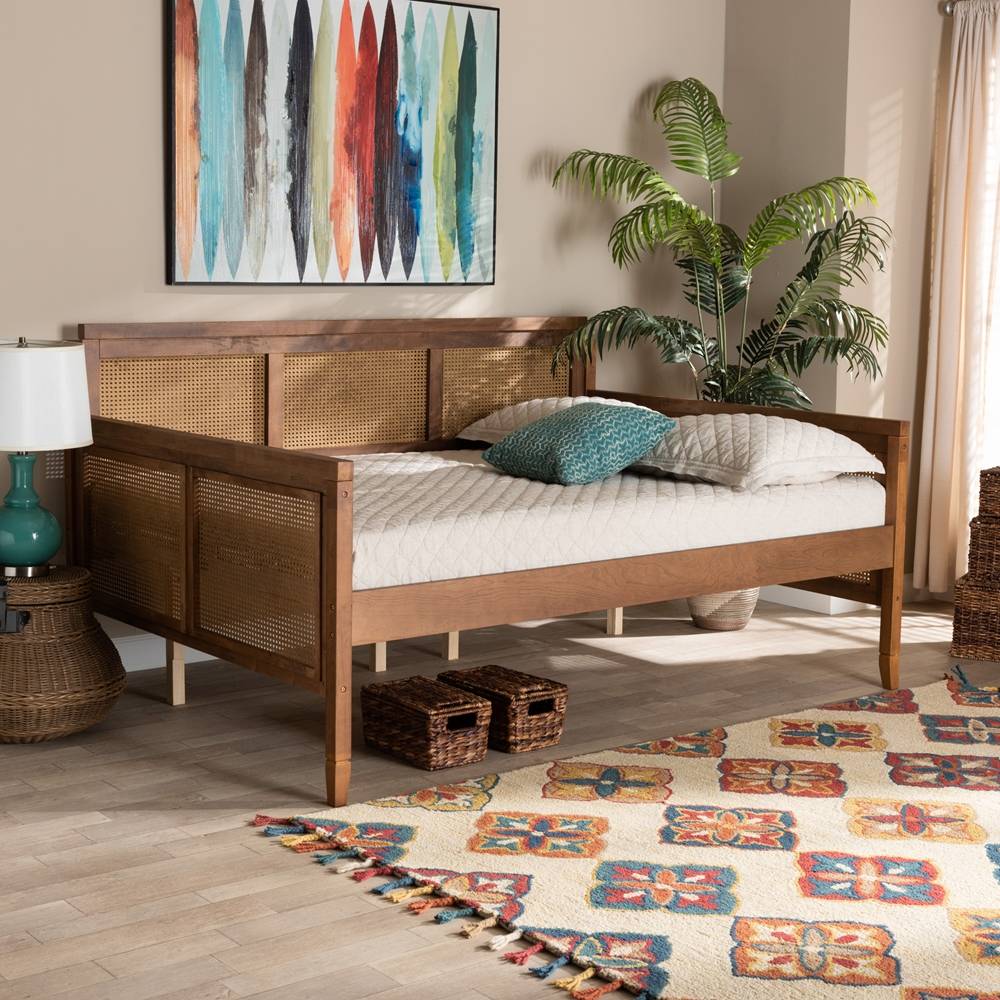 Toveli Vintage French Inspired Ash Walnut Finished Wood and Synthetic Rattan Full Size Daybed