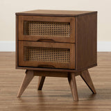 Barrett Mid-Century Modern Walnut Brown Finished Wood and Synthetic Rattan 2-Drawer Nightstand