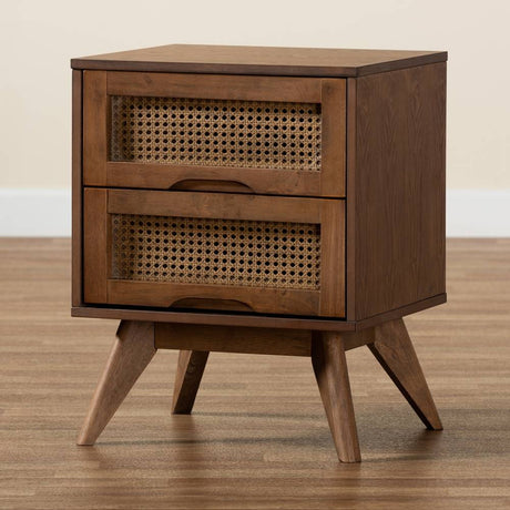 Barrett Mid-Century Modern Walnut Brown Finished Wood and Synthetic Rattan 2-Drawer Nightstand