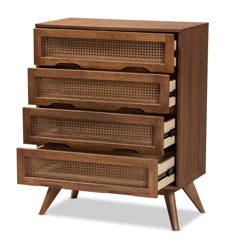 Barrett Mid-Century Modern Walnut Brown Finished Wood and Synthetic Rattan 4-Drawer Chest