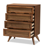 Barrett Mid-Century Modern Walnut Brown Finished Wood and Synthetic Rattan 4-Drawer Chest