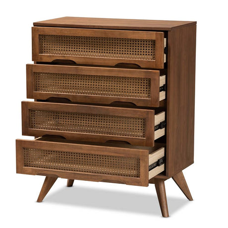 Barrett Mid-Century Modern Walnut Brown Finished Wood and Synthetic Rattan 4-Drawer Chest