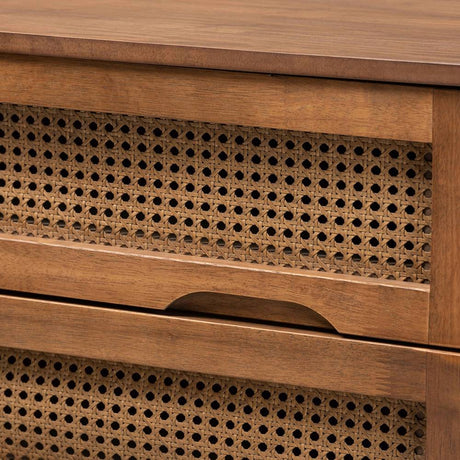 Barrett Mid-Century Modern Walnut Brown Finished Wood and Synthetic Rattan 4-Drawer Chest