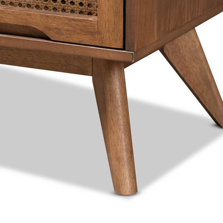Barrett Mid-Century Modern Walnut Brown Finished Wood and Synthetic Rattan 4-Drawer Chest