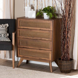 Barrett Mid-Century Modern Walnut Brown Finished Wood and Synthetic Rattan 4-Drawer Chest