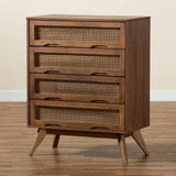 Barrett Mid-Century Modern Walnut Brown Finished Wood and Synthetic Rattan 4-Drawer Chest