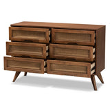 Barrett Mid-Century Modern Walnut Brown Finished Wood and Synthetic Rattan 6-Drawer Dresser
