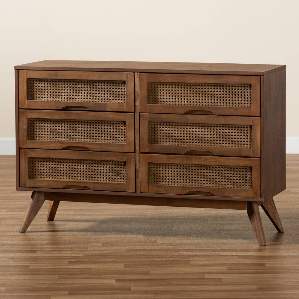 Barrett Mid-Century Modern Walnut Brown Finished Wood and Synthetic Rattan 6-Drawer Dresser | Baxton Studio Barrett Mid-Century Modern Walnut Brown Finished Wood and Synthetic Rattan 6-Drawer Dresser | Baxton Studio