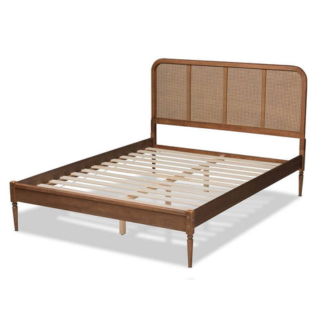 Elston Mid-Century Modern Walnut Brown Finished Wood and Synthetic Rattan King Size Platform Bed