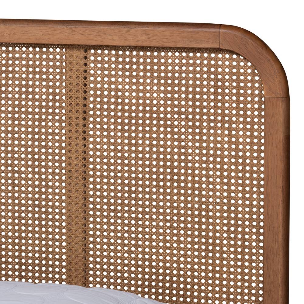 Elston Mid-Century Modern Walnut Brown Finished Wood and Synthetic Rattan Full Size Platform Bed