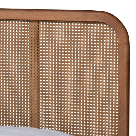 Elston Mid-Century Modern Walnut Brown Finished Wood and Synthetic Rattan Queen Size Platform Bed
