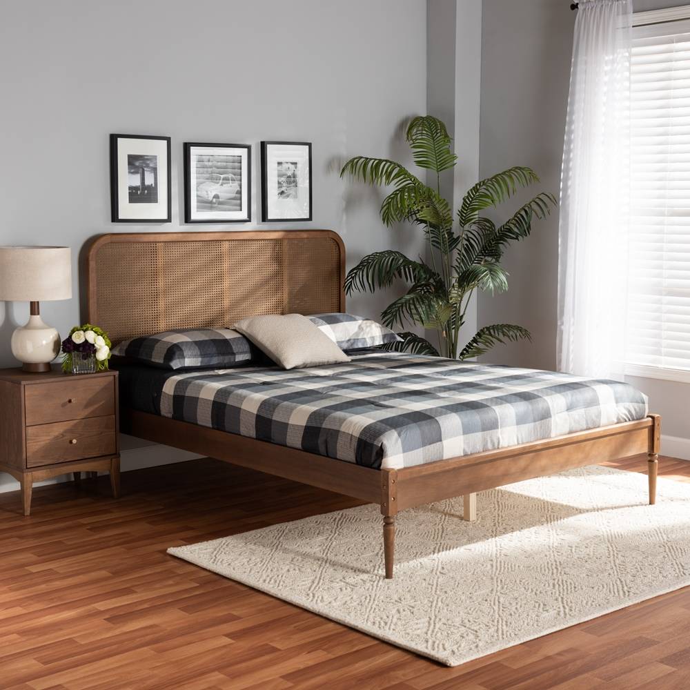 Elston Mid-Century Modern Walnut Brown Finished Wood and Synthetic Rattan King Size Platform Bed