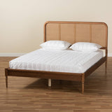 Elston Mid-Century Modern Walnut Brown Finished Wood and Synthetic Rattan King Size Platform Bed