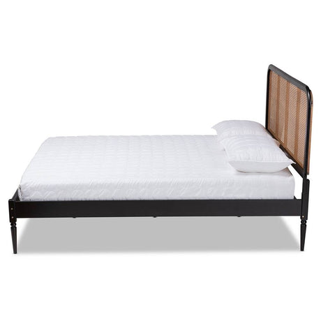 Elston Mid-Century Modern Charcoal Finished Wood and Synthetic Rattan Queen Size Platform Bed