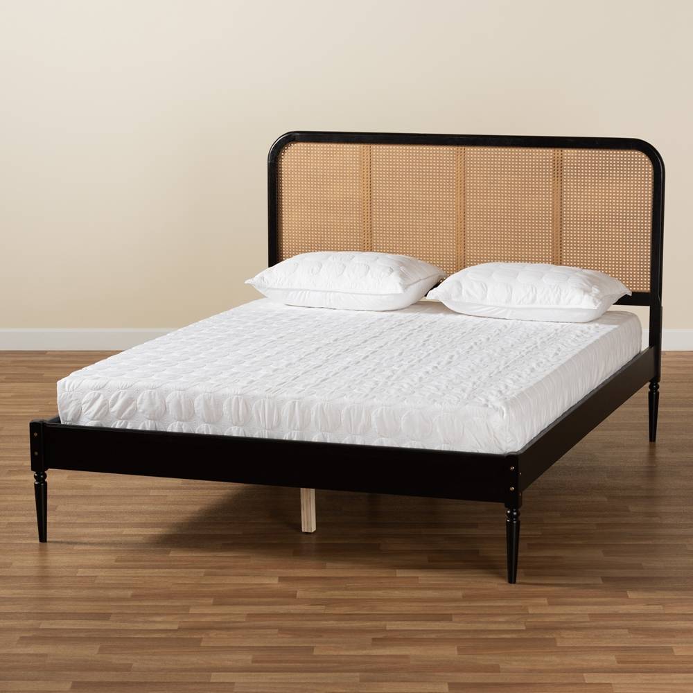 Elston Mid-Century Modern Charcoal Finished Wood and Synthetic Rattan Queen Size Platform Bed