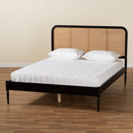 Elston Mid-Century Modern Charcoal Finished Wood and Synthetic Rattan Queen Size Platform Bed