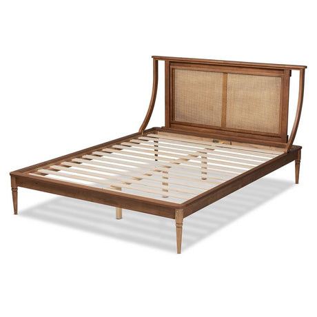 Jamila Modern Transitional Walnut Brown Finished Wood and Synthetic Rattan Queen Size Platform Bed