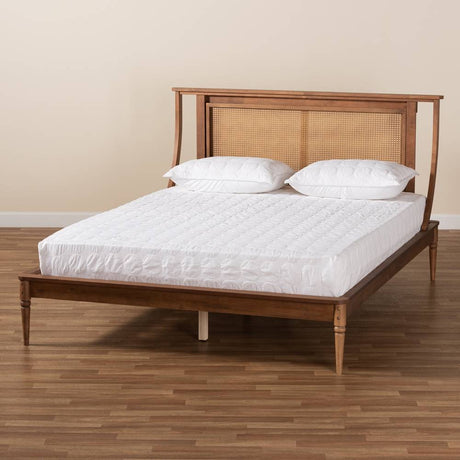 Jamila Modern Transitional Walnut Brown Finished Wood and Synthetic Rattan Queen Size Platform Bed