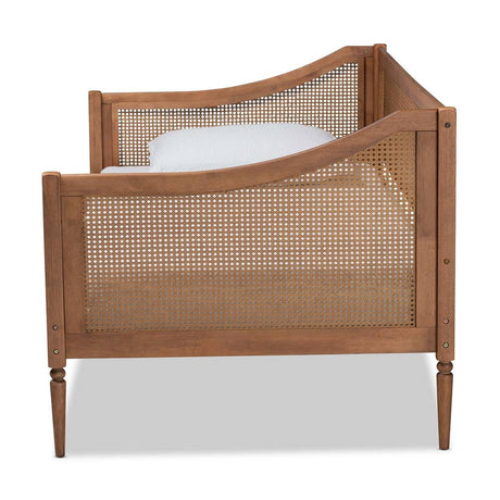 Ogden Mid-Century Modern Walnut Brown Finished Wood and Synthetic Rattan Twin Size Daybed