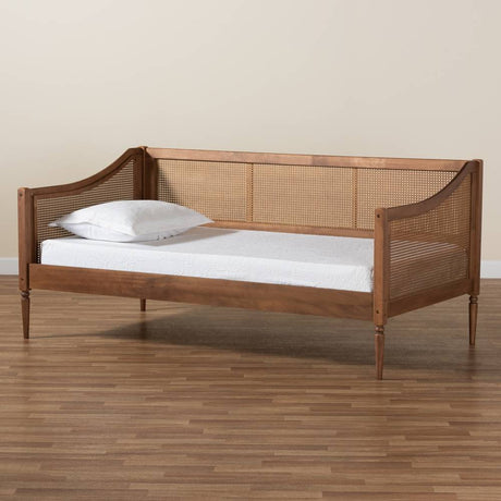 Ogden Mid-Century Modern Walnut Brown Finished Wood and Synthetic Rattan Twin Size Daybed