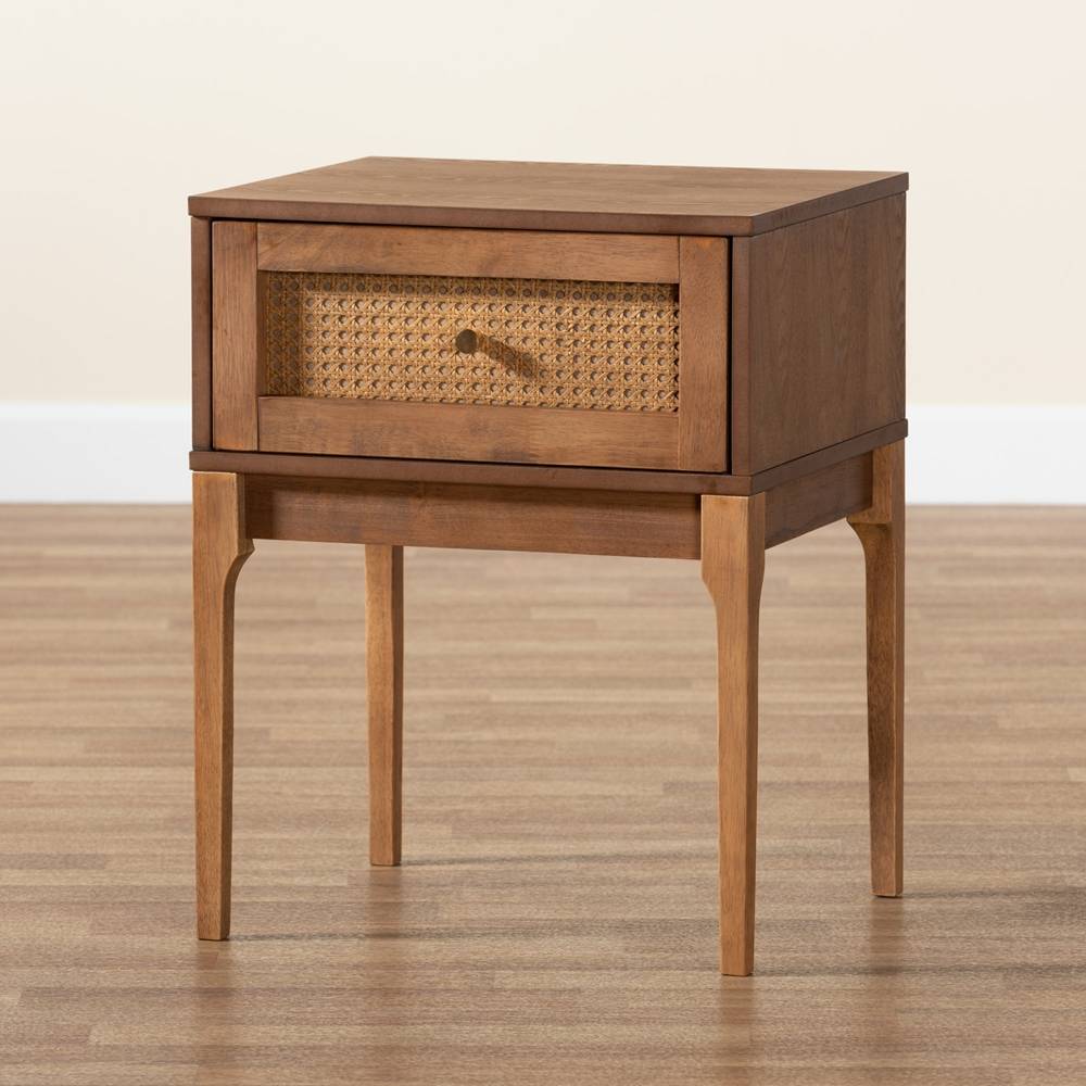 Ramiel Mid-Century Modern Ash Walnut Finished Wood and Rattan 1-Drawer Nightstand