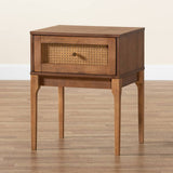Ramiel Mid-Century Modern Ash Walnut Finished Wood and Rattan 1-Drawer Nightstand